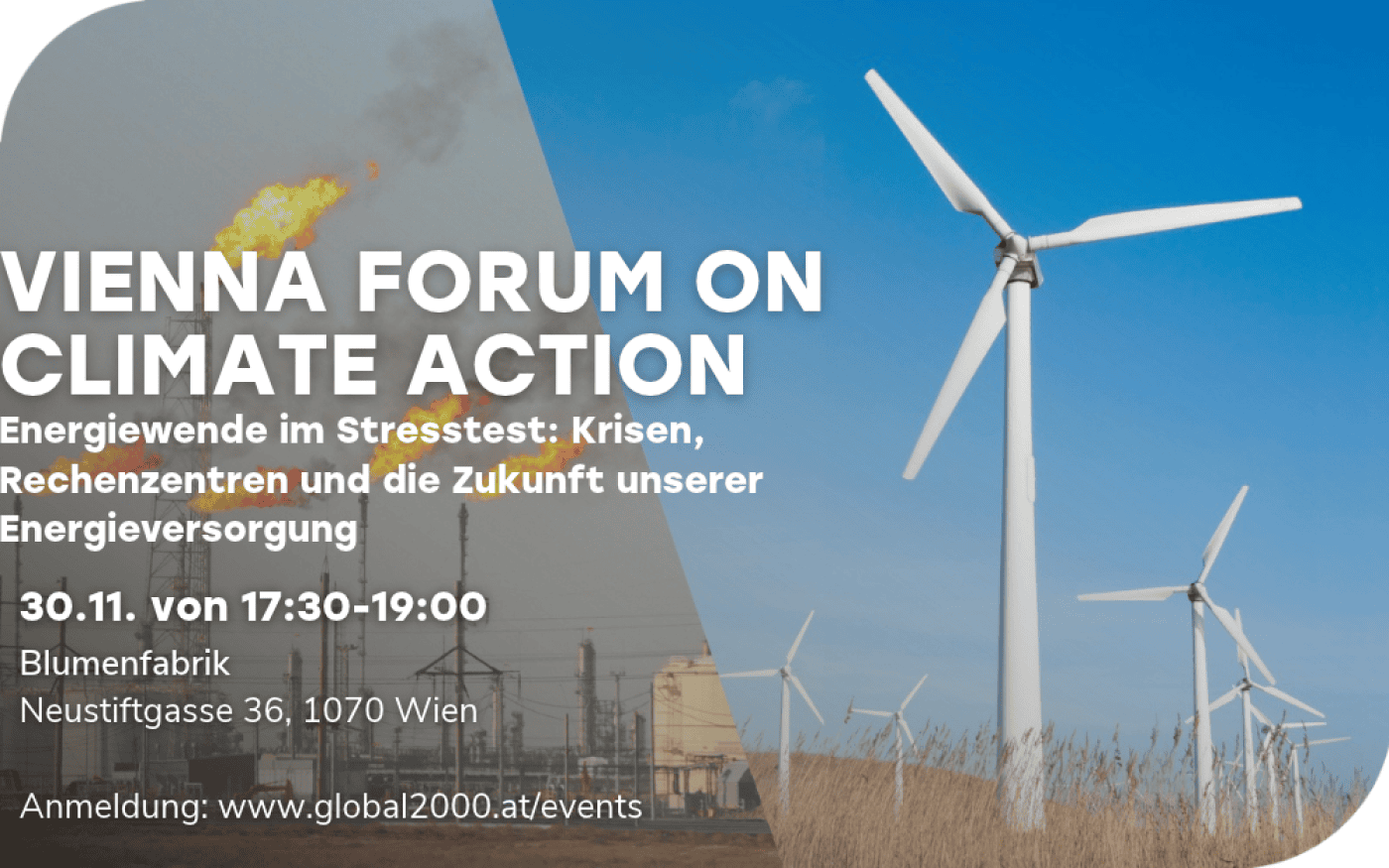 Veranstaltungsflyer mit Windrädern vor Industrieanlage und Text zu Vienna Forum on Climate Action mit Datum, Uhrzeit und Ort in Wien