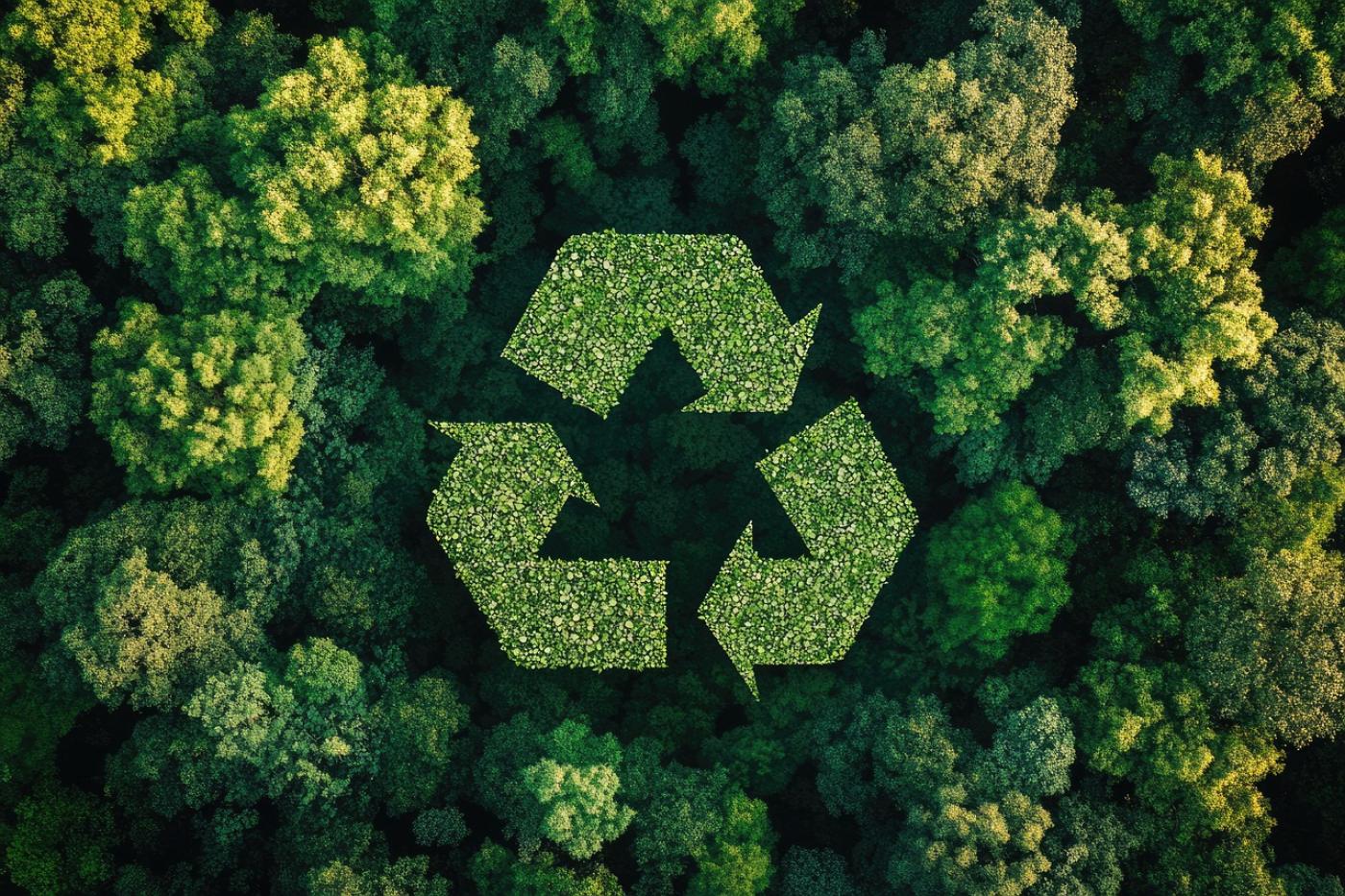Luftaufnahme eines dichten Waldes mit einem aus Bäumen gebildeten Recycling-Symbol in der Mitte