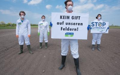 Global 2000 Aktivist*innen auf Feld mit Protest "Kein Gift auf unsere Feldern" und "Stopt Glyphosat"