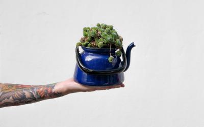 Hand mit Blumen-Kanne