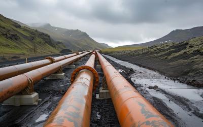 Das Carbfix-Projekt in Island: vier große Pipelines schlängeln sich durch ein isländisches Tal, daneben fließt ein kleiner Fluss..