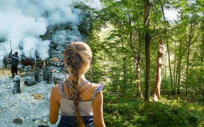 Kind steht in der Mitte von Hinten sichtbar. Bild in zwei geteilt: rechts ein warmes Bild eines Waldes, links ein Arbeiter beim Schwefelabbau mit Rauchentwicklung, sehr düster.