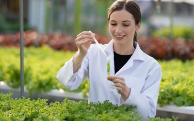Wissenschaftlerin in Glashaus nimmt Proben von einer Pflanze