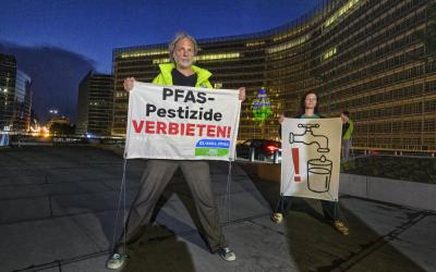 Protestaktion, bei der Menschen Banner hochhalten: "PFAS-Pestizide verbieten!"