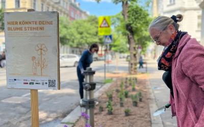 Eine grauhaarige Dame in rosa Mantel begutachtet ein frisch gepflanztes Blumenbeet, daneben ist ein Schild, auf dem: Hier könnte deine Blume stehen! steht. Im Hintergrund sieht man die Jägerstraße und eine weitere Person sowie Straßenschilder und einen Baum