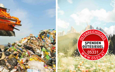Bildmontage Müllabfuhr und Berglandschaft mit Wiese und das Spendengütesiegel
