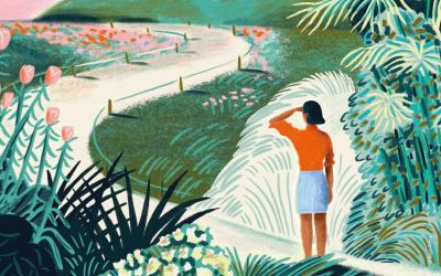 Illustration einer, die auf einem Weg steht, umgeben von üppiger Biodiversität und blickt auf einen Fluss mit Bergen