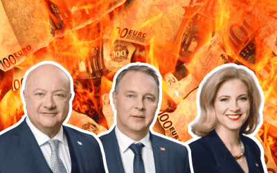 Bildcollage: Drei Personen in Anzügen (Stocker, Babler, Meinl-Reisinger) vor brennenden 100-Euro-Scheinen