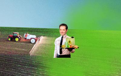 Bildmontage für Email-Protest: Norbert Totschnig mit Schürze hält Tablett mit gelbem Behälter mit Gefahrenzeichen und Obst vor grünem und braunem Feld, im Hintergrund Traktor auf Acker, der Pestizide versprüht