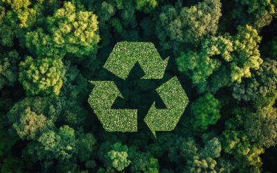 Luftaufnahme eines dichten Waldes mit einem aus Bäumen gebildeten Recycling-Symbol in der Mitte