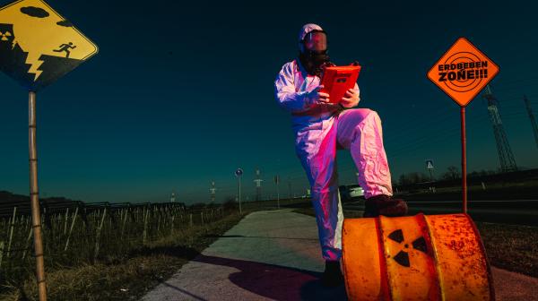 Aktivist vor AKW Krško mit Schutzanzug, Warnschild "Erdbebengefahr" und Messgerät