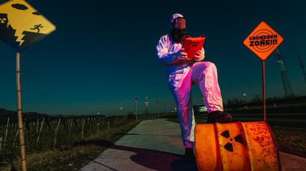 Person in Strahlenschutzanzug stützt Fuß auf orangefarbenes Fass mit Atommüll-Zeichen neben zwei Straßenschildern