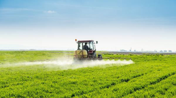 Traktor sprüht Pestizide auf Feld