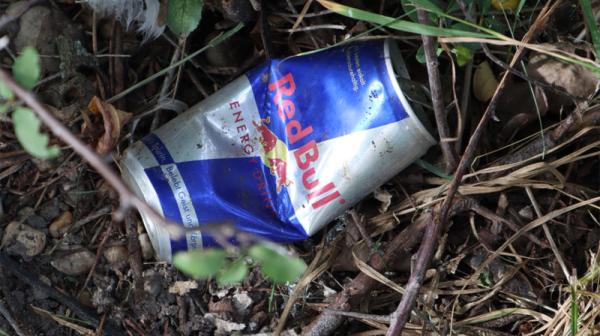 Gelitterte Red Bull Dose in der Natur