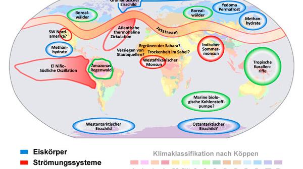 Klimawandel: Die wichtigsten Kippelemente des Weltklimas, Quelle: PIK, CC BY-ND 3.0; www.pik-potsdam.de/services/infothek/kippelemente/kippelemente