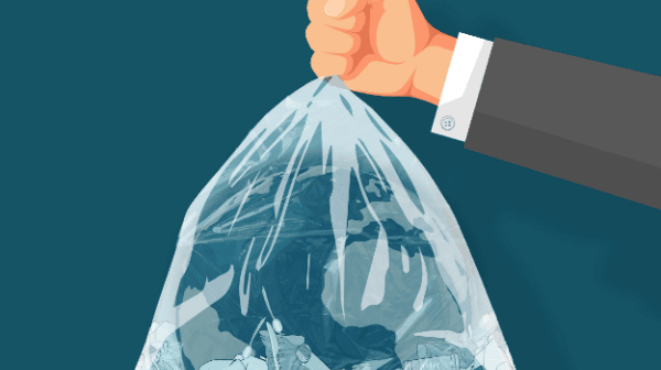 Grafik einer Hand, die einen mit Plastikmüll gefüllten Plastiksack hält