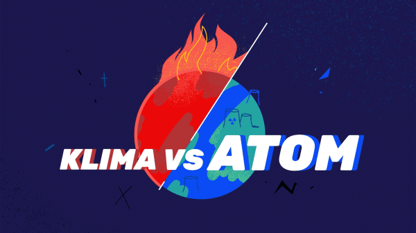 Grafik zeigt die Erdkugel, die auf der linken Seite brennt, auf der rechten Seite echt aussieht. Darüber der Schriftzug: Klima versus Atom