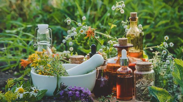 auf einem kleinen Tisch mitten in einer Kräuter und Blumenwiese stehen viele kleine Fläschchen mit Flüssigkeiten gefüllt und ein Mörser in dem Kräuter verarbeitet werden. 