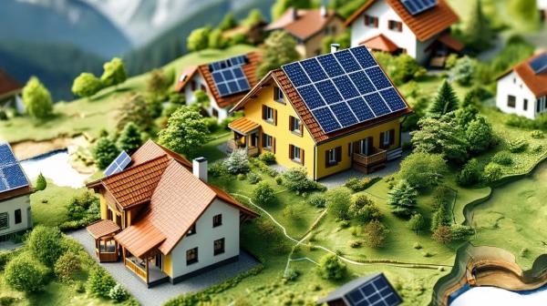 KI generiertes Bild auf dem Häuser in den Bergen mit PV Anlagen abgebildet sind