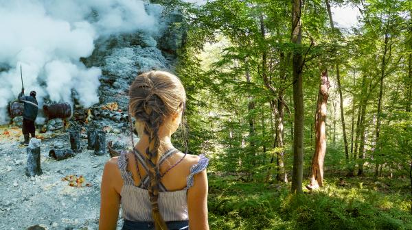 Mädchen steht vor zwei möglichen Welten: eine fatal, düster und verbrannt; die andere ein grüner, einladender Wald