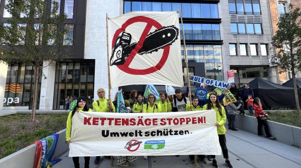 50 Aktivistinnen und Aktivisten halten ein großes Banner auf dem steht: Kettensäge stoppen, Umwelt schützen. Sie stehen in Brüssel vor einem EU-Gebäude. Eine riesige durchgestrichene Kettensäge ist ebenfalls auf einem Banner zu sehen.