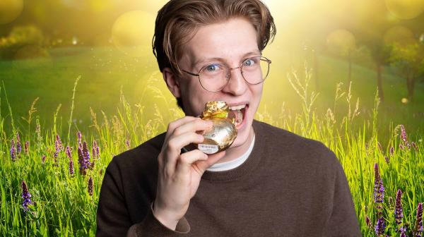 Junge beißt bei Schoko-Osterhasen ab, Fotomontage vor frühlingshaftem Hintergrund