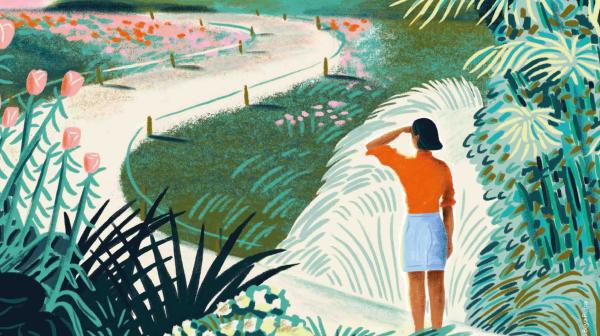 Illustration einer, die auf einem Weg steht, umgeben von üppiger Biodiversität und blickt auf einen Fluss mit Bergen