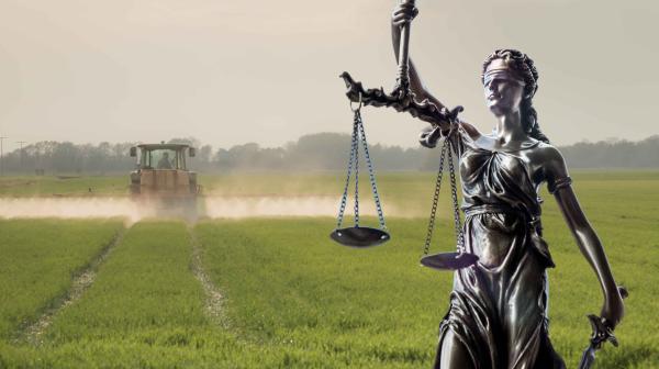 Statue der Justitia mit Waage im Vordergrund vor einem Traktor, der auf einem Feld Pestizide versprüht